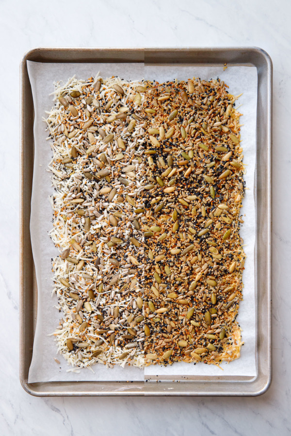 Split screen showing Seeds and Cheese Crackers Before and After baking.