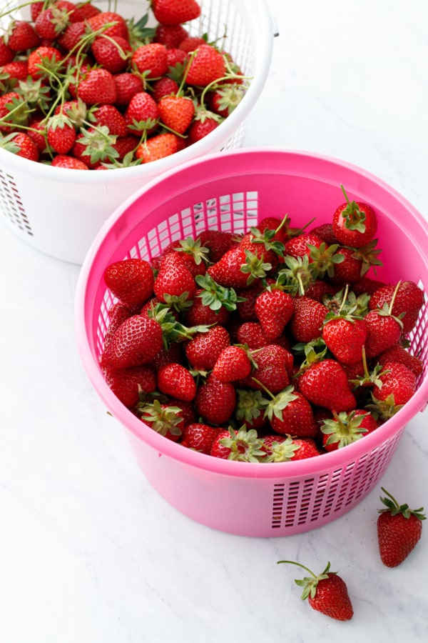 Two plastic buckets filled with freshly picked strawberries.