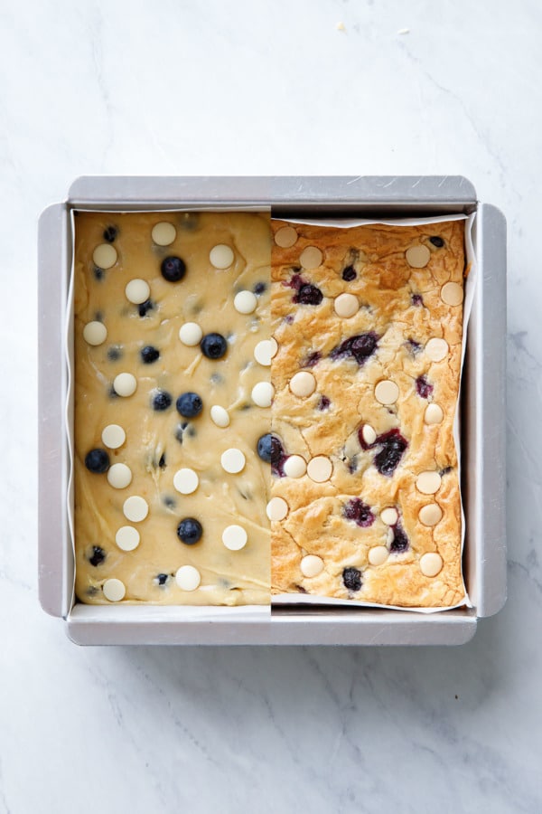Split screen, Blueberry White Chocolate Blondies before and after baking.