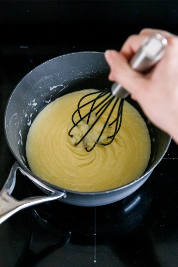 After a few minutes on the heat, the mixture emulsifies and turns thick and creamy.