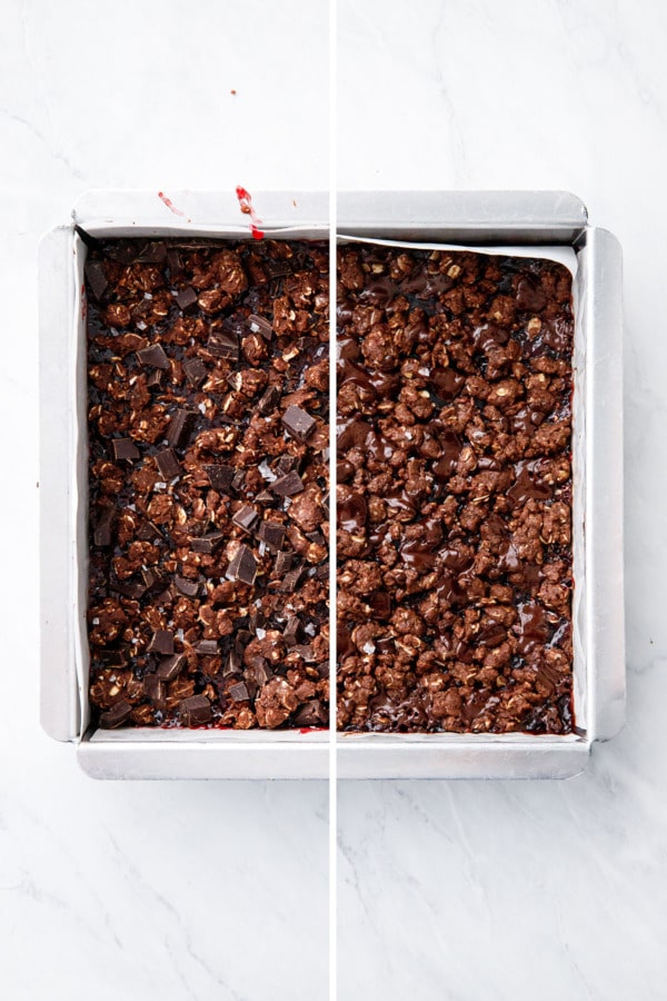 Split screen, showing the Chocolate Raspberry Crumb Bars before and after baking.