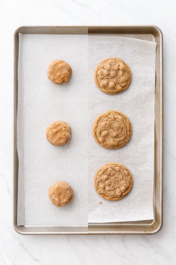 Split screen, Salted Peanut Butter Chip Cookies before and after baking.