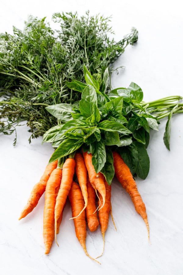 Bunch of fresh spring carrots with greens and a bunch of fresh basil on marble background.