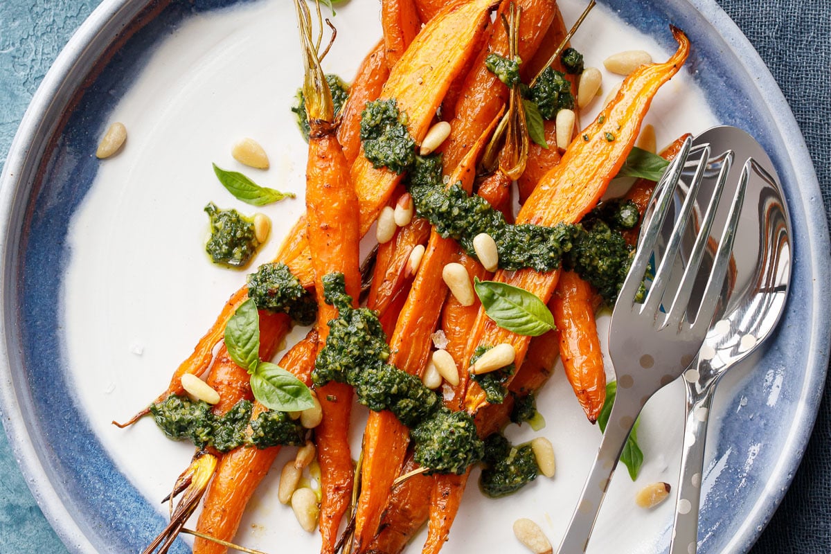 Roasted Carrots with Basil & Carrot Top Pesto