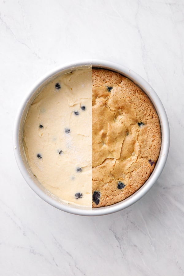 Split screen showing Blueberry Cream Cheese Coffee Cake before and after baking.