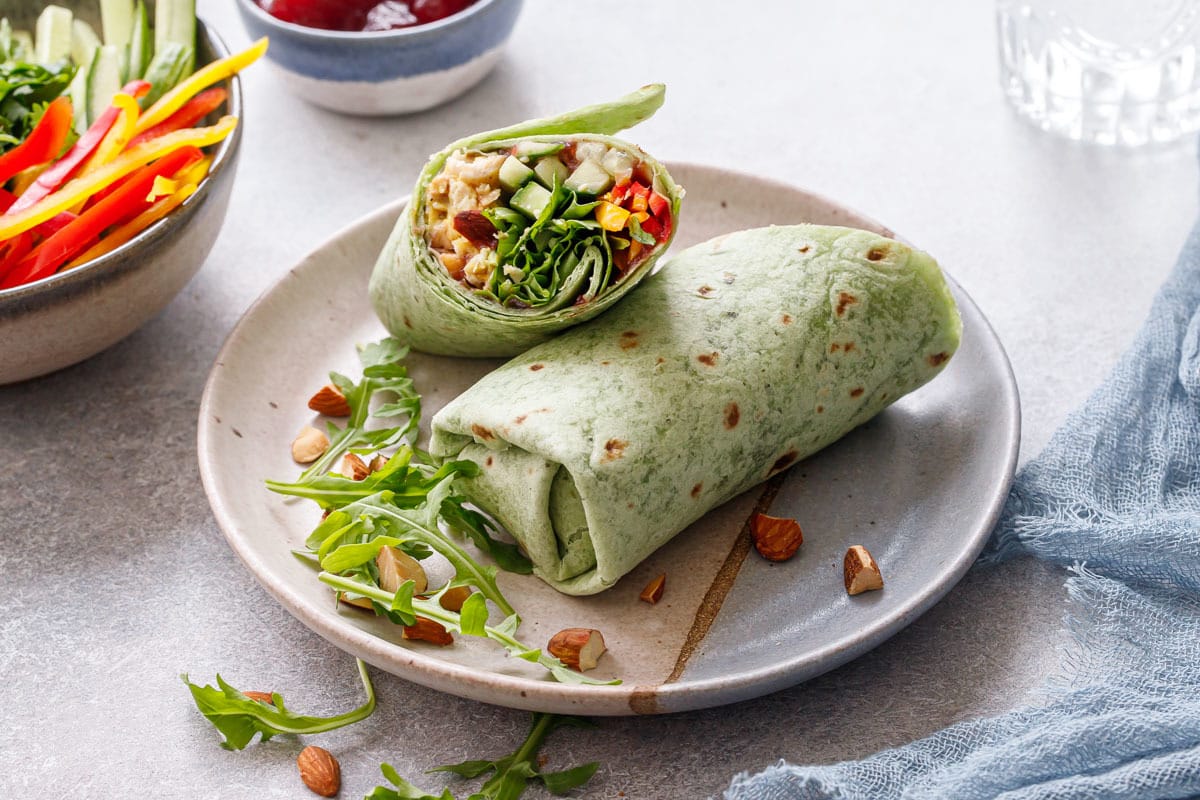 Curried Chicken, Chickpea & Arugula Wraps