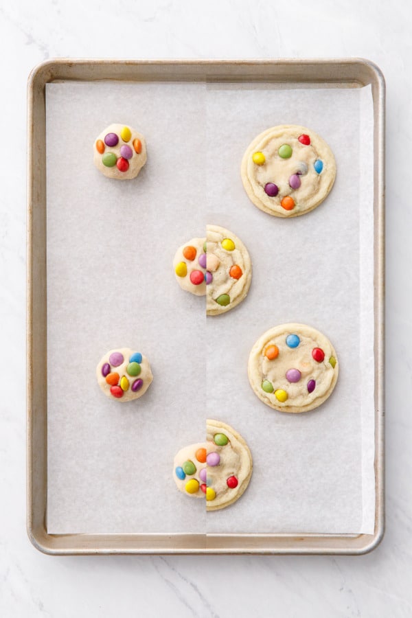 Split screen showing M&M Sugar Cookies before and after baking.