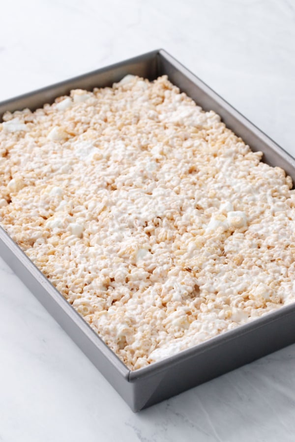 Olive Oil Rice Krispie Treats in a 13 by 9-inch pan before cutting.