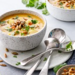 Two speckled ceramic bowls with Sausage & Corn Chowder, vintage spoons on the side with a bowl of toasted pepitas and loose cilantro leaves.