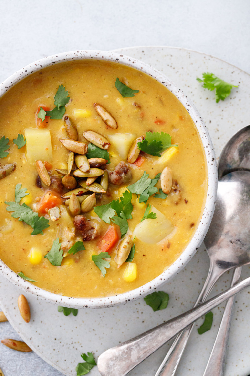 Sausage & Corn Chowder with Toasted Pepitas Love and Olive Oil