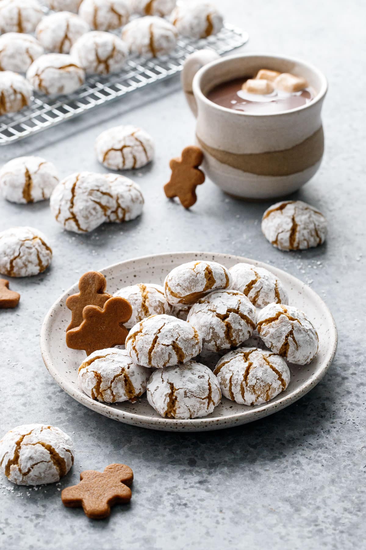 Plate with pile of Gingerbread Amaretti Cookies, more cookies scattered around plus a mug of hot chocolate.