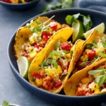 Four shrimp tacos nestled in a navy blue bowl, with a colorful mango salsa and crumbled cotija cheese and micro cilantro on top.