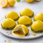 Round plate with bright yellow dome-shaped mousse cakes, one cut to show the layers inside; bowl of lemons in the background.