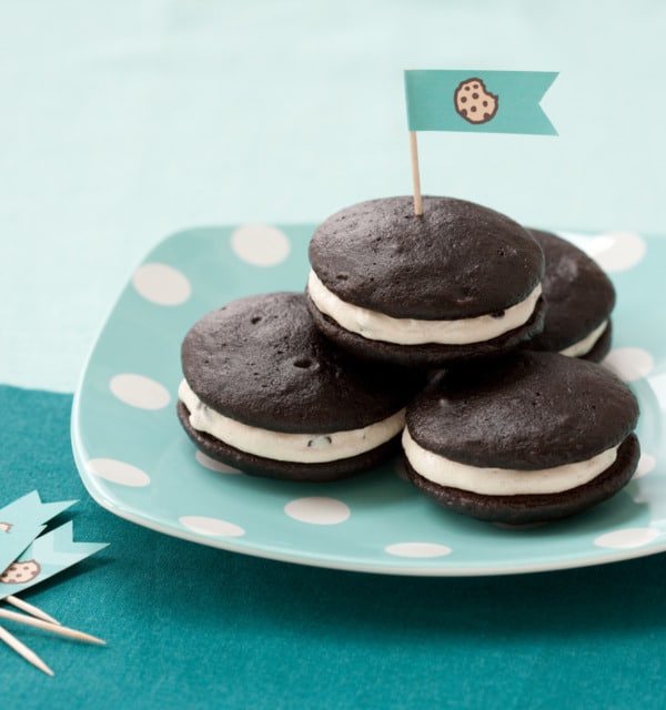 Whoopie pie stack with dessert flag.