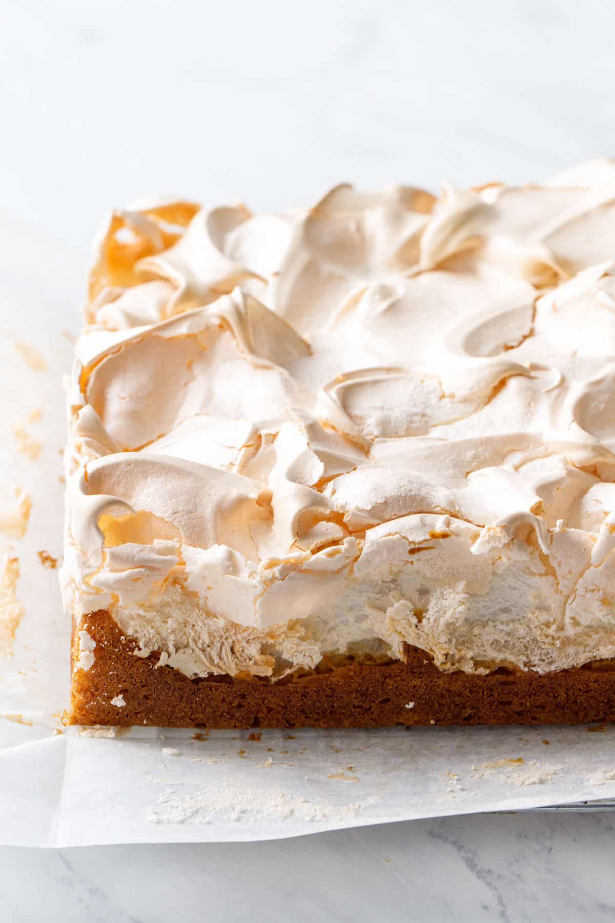 Side view of cake after removing from pan and peeling down the parchment on the sides, distinct layers of golden brown cake and crispy, light golden meringue swirled on top.