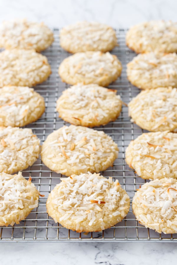 Three even rows of Toasted Coconut Sugar Cookies on a wire cooling rack.