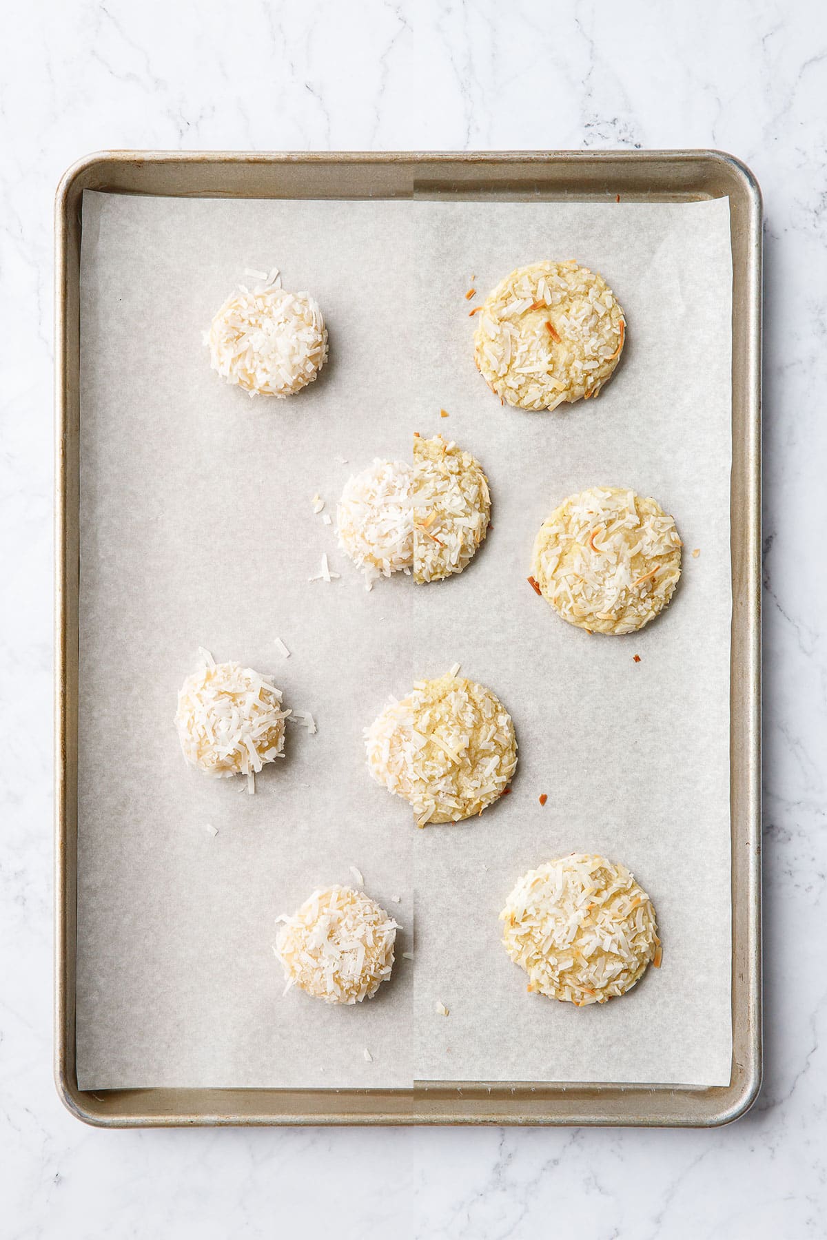Split screen, showing Toasted Coconut Sugar Cookies on a baking sheet before and after baking.