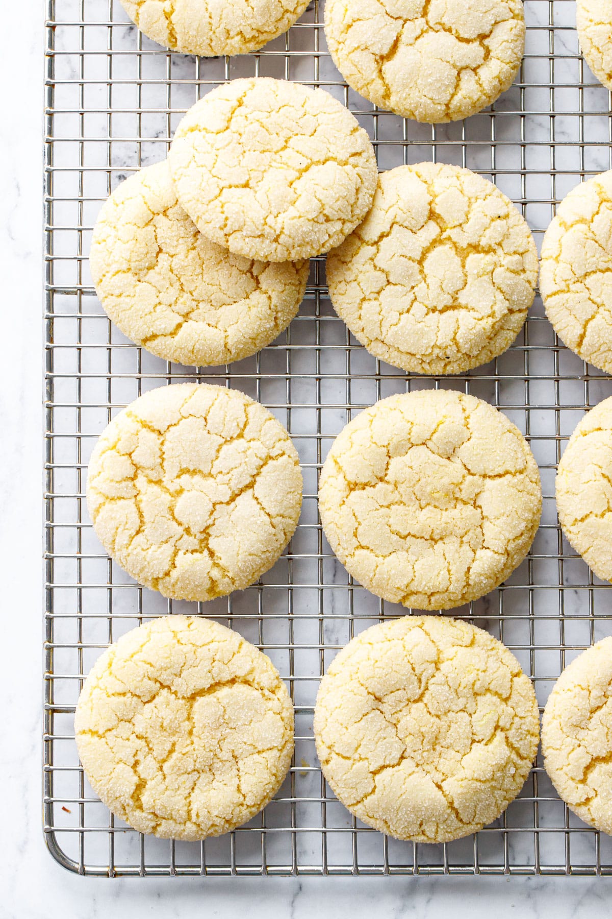 Overhead view of rows of Lemon Olive Oil Sugar Cookies on a wire baking rack.