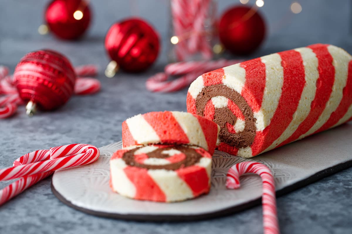 Candy Cane Cake Roll with Chocolate Peppermint Whipped Cream