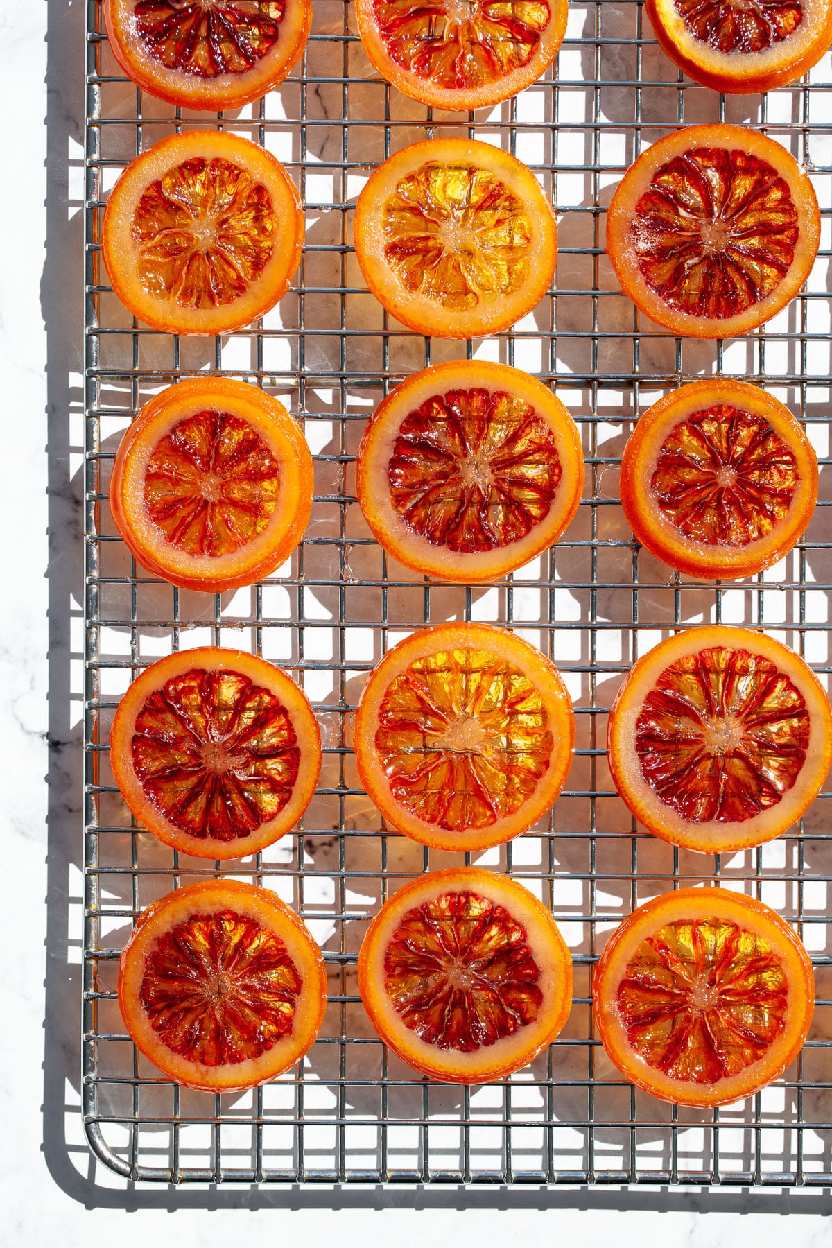 Homemade Candied Blood Orange Slices on a wire rack in bright direct light to showcase the stained-glass like appearance.