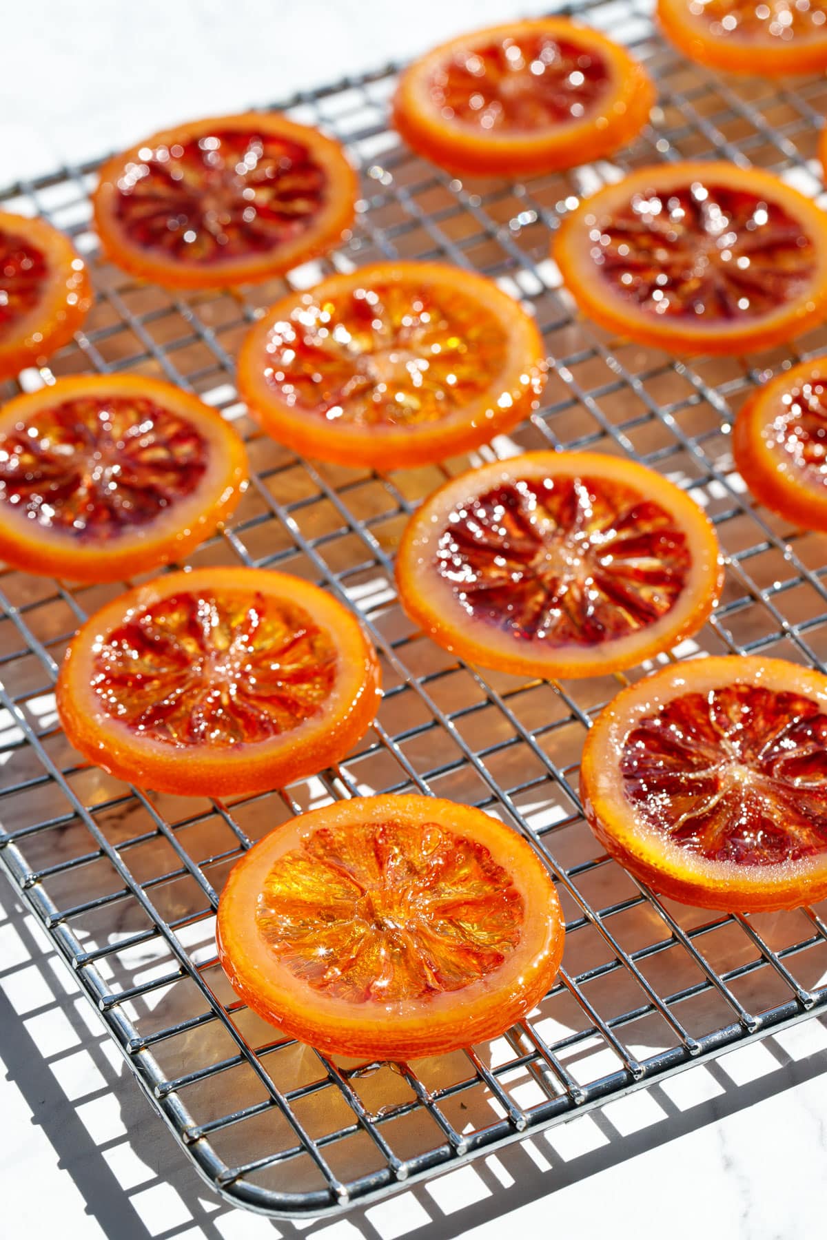 Homemade Candied Blood Orange Slices on a wire rack in bright direct light to showcase the stained-glass like appearance.