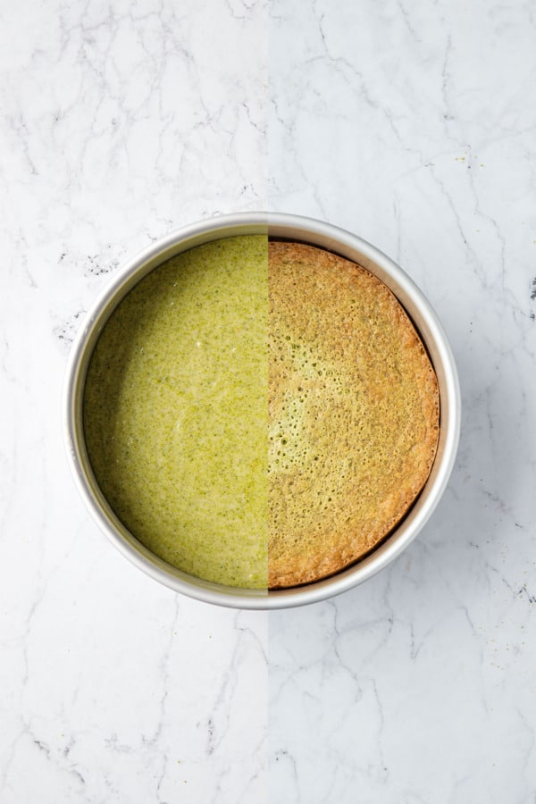 Split screen showing flourless pistachio cake before and after baking.