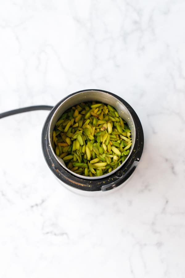 Overhead showing pistachios before being ground into flour.