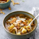 Brothy Broccoli & Potato Soup with Crispy Potato Skins