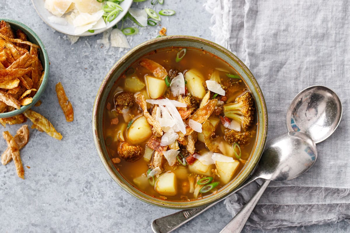 Brothy Broccoli & Potato Soup with Crispy Potato Skins