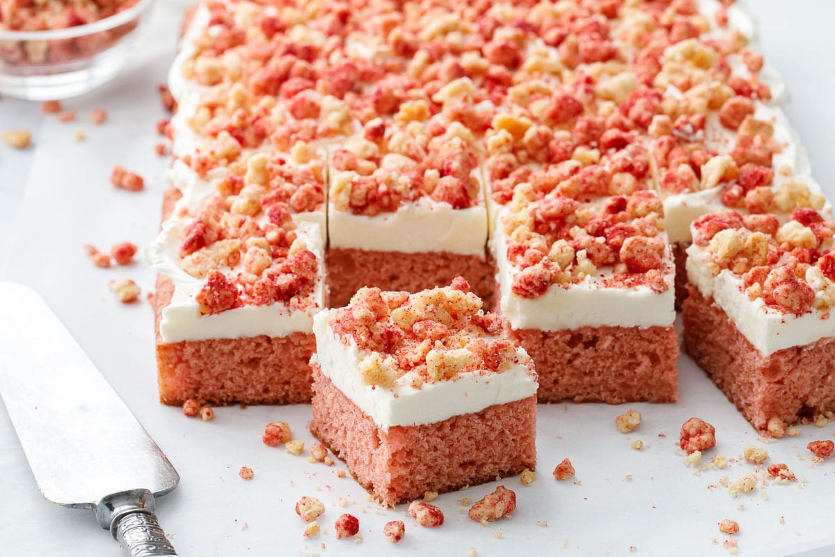 Strawberry Crunch Sheet Cake with Buttermilk Frosting