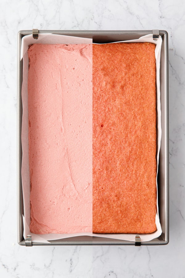 Split screen, strawberry buttermilk sheet cake before and after baking.