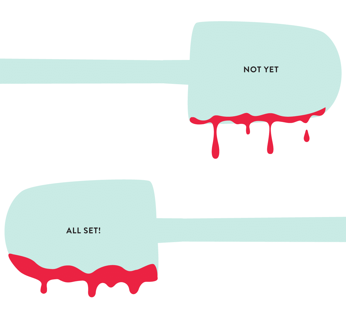 Illustration showing the way jam falls off the spatula when it is not ready versus properly set, the drops are wider, slower, and thicker.