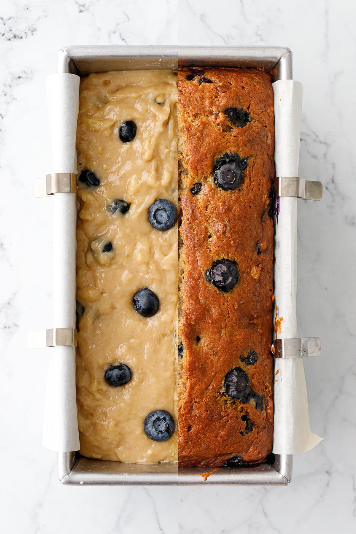 Split screen showing Blueberry Banana Bread before and after baking.