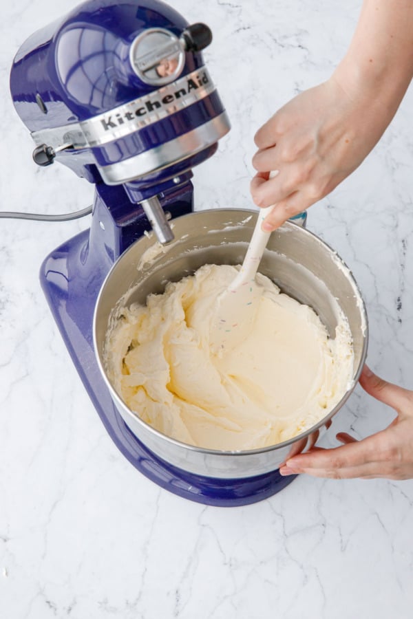 The finished buttercream will be soft and fluffy and thick enough to pipe.