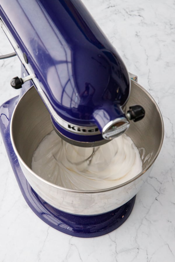 Looking down into the mixing bowl as it whips the meringue mixture.