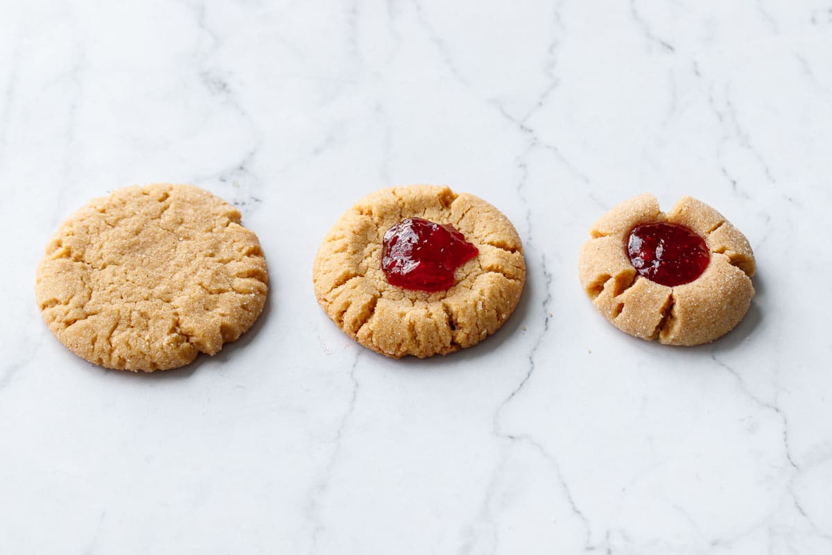 Comparing three cookies baked with varying amounts of flour, showing how much it affects the spread.