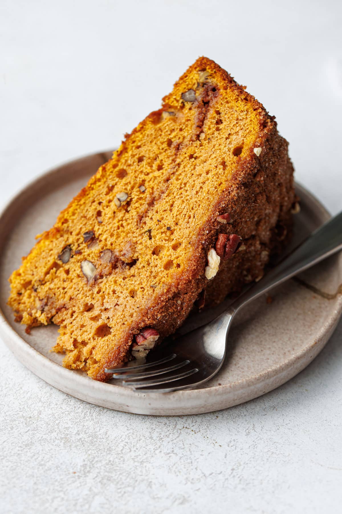 Closeup slice of Pumpkin Pecan Coffee Cake showing the moist crumb, cinnamon swirl, and crunchy topping.