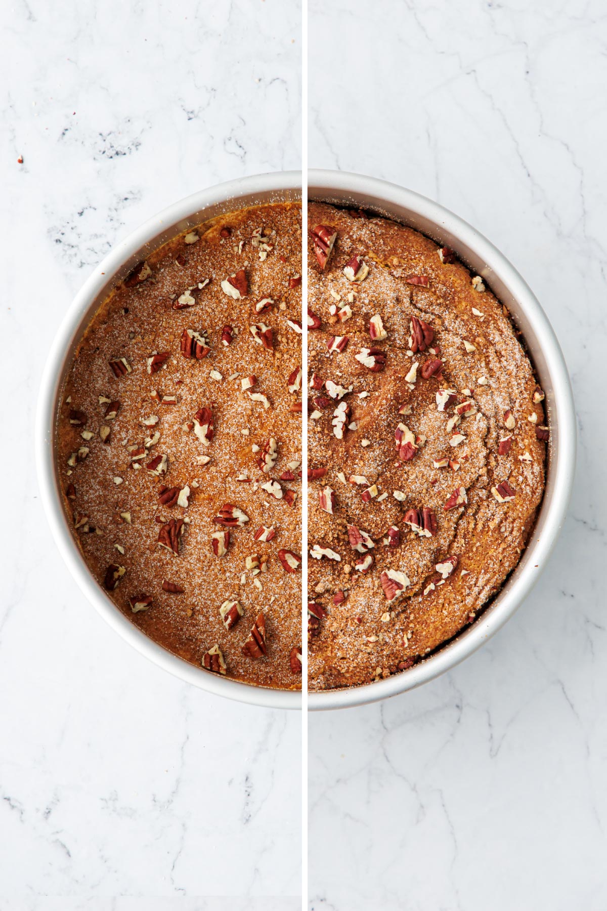 Split screen showing Pumpkin Pecan Coffee Cake before and after baking.