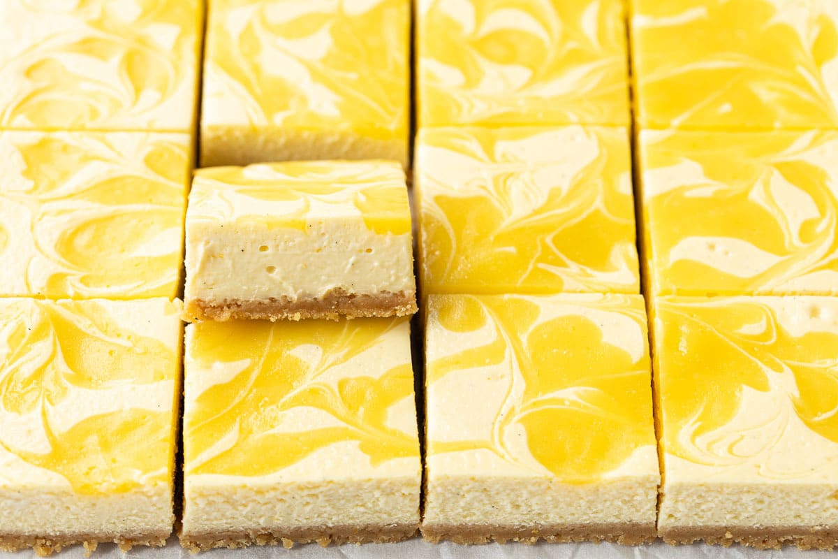 Meyer Lemon Cheesecake Bars with Lemon Curd Swirl