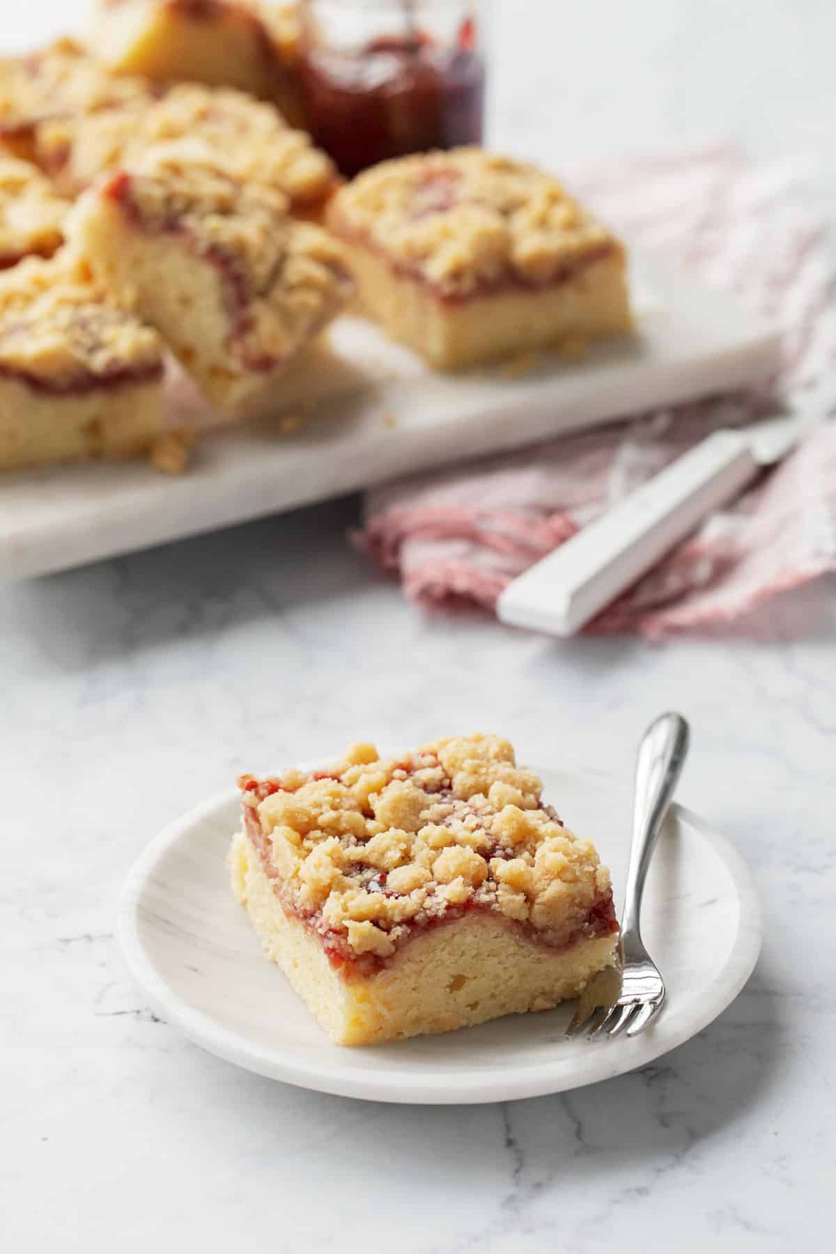Plate with a square of Jammy Sour Cream Crumb Cake, showing the layer of cake, jam, and crumbs, with the rest of the cut cake squares in the background.