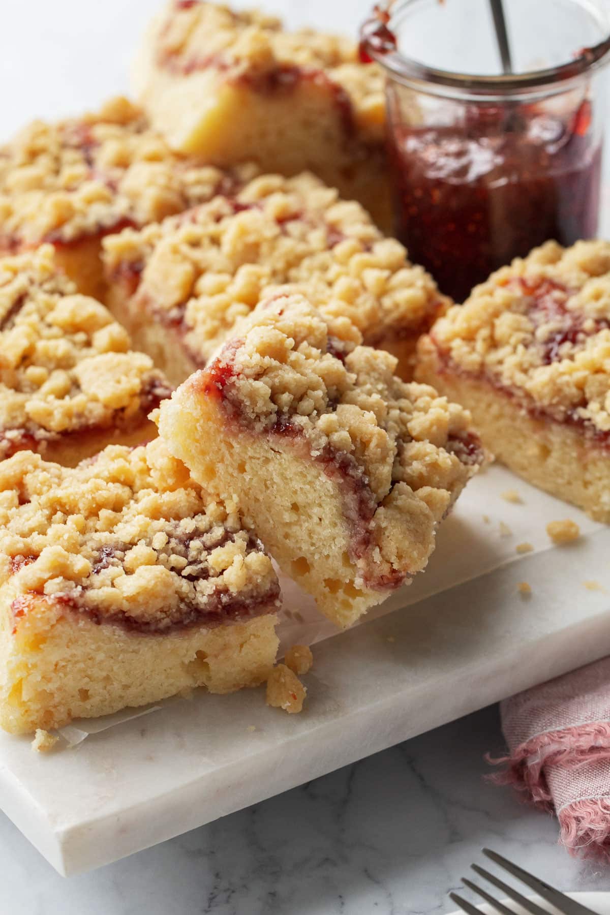 Jammy Sour Cream Crumb Cake cut into squares, one resting on its side to show the layers of sour cream cake, fruit jam, and crumb on top.