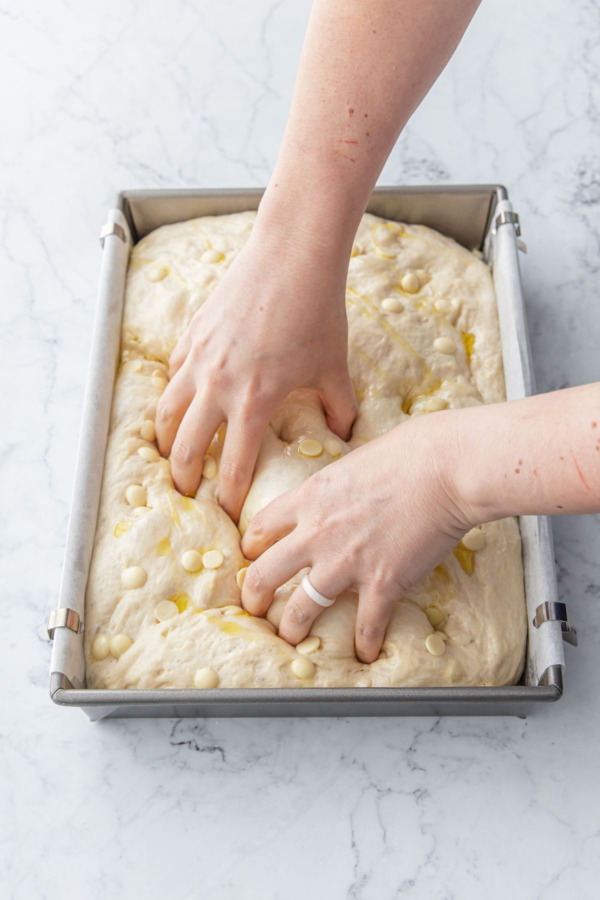 After a 1-3 hour rise in a warm spot, the dough will be doubled in size and very wiggly and bubbly.