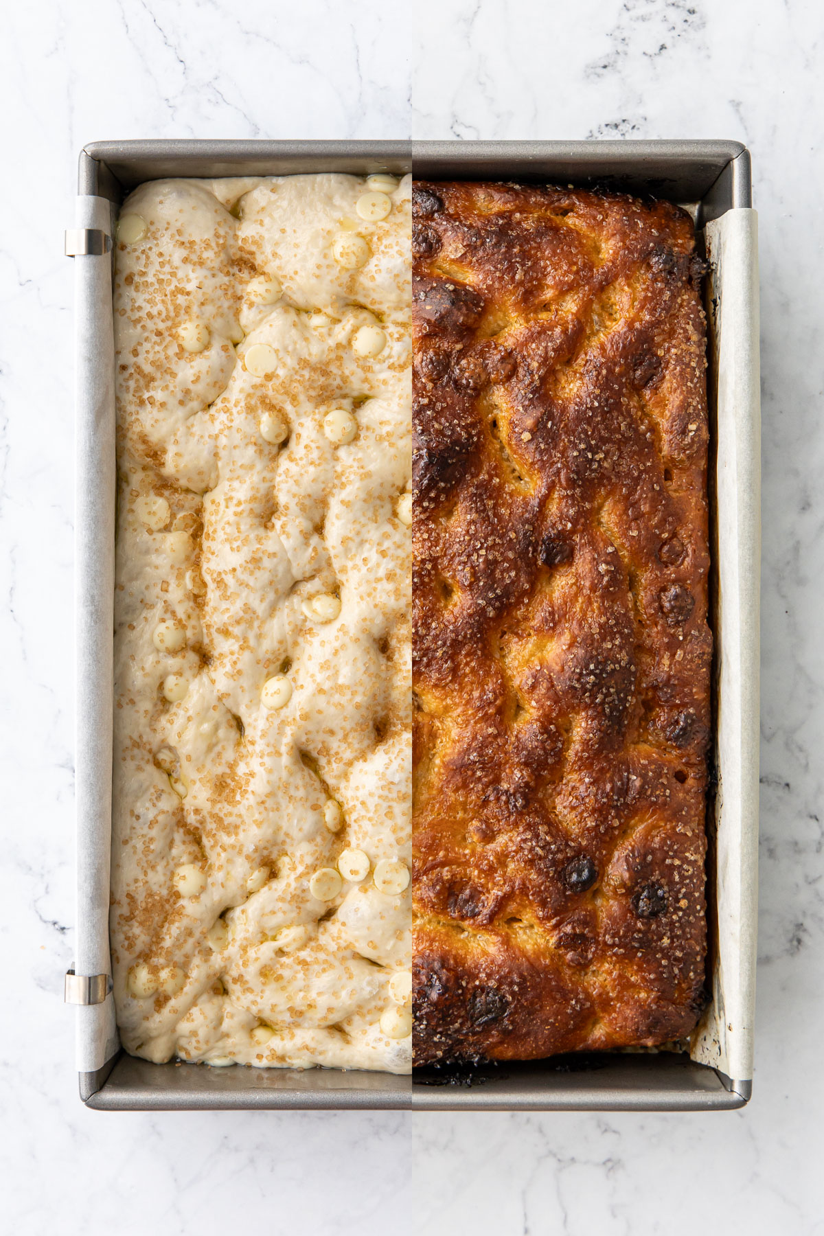 Split screen showing the focaccia before and after baking.