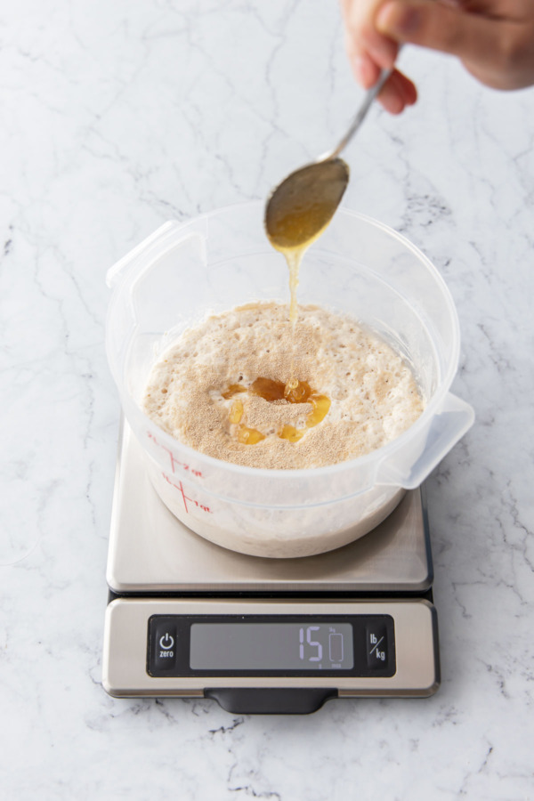 Adding honey to poolish mixture.