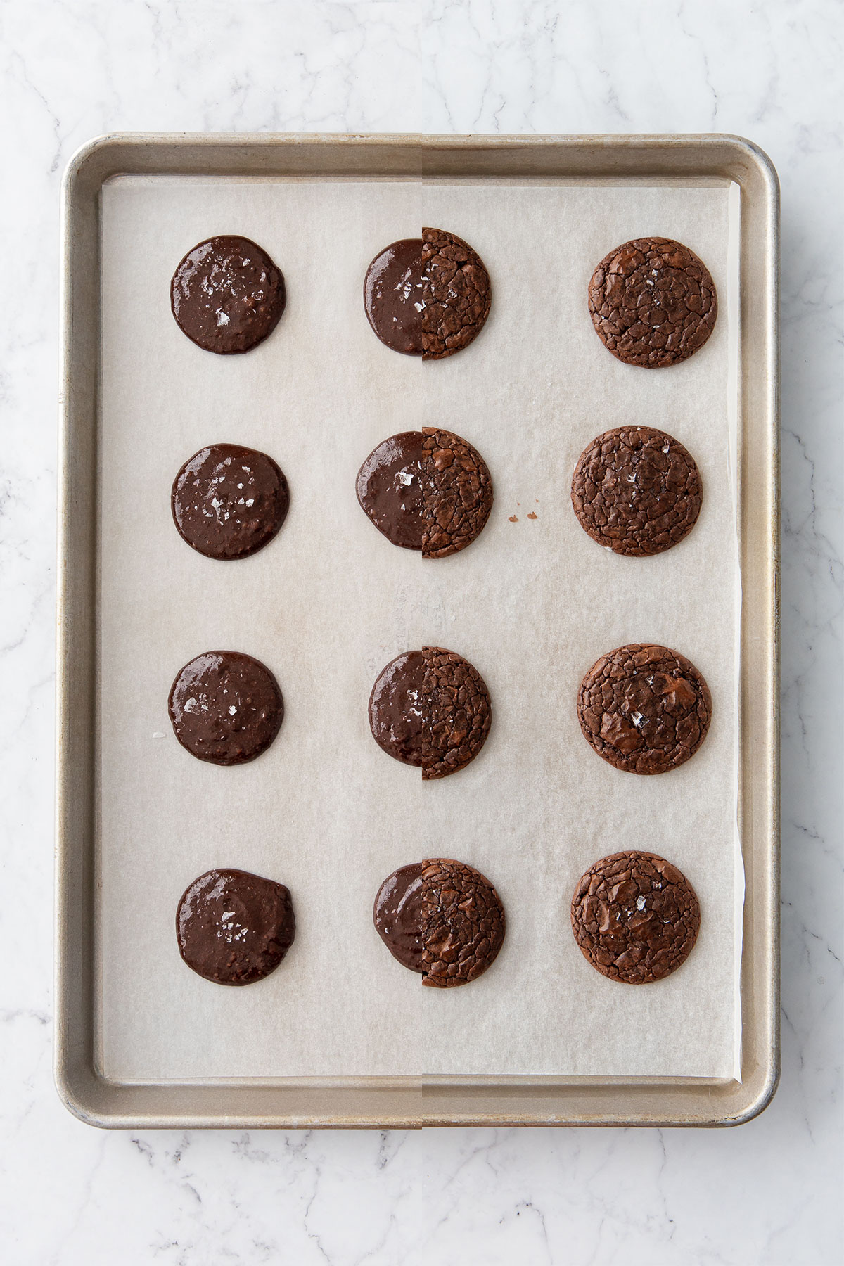Split screen, Chewy Crinkle-Top Brownie Cookies before and after baking.