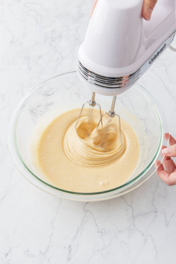 After beating eggs and sugar for 2 to 3 minutes the color will be a few shades lighter.