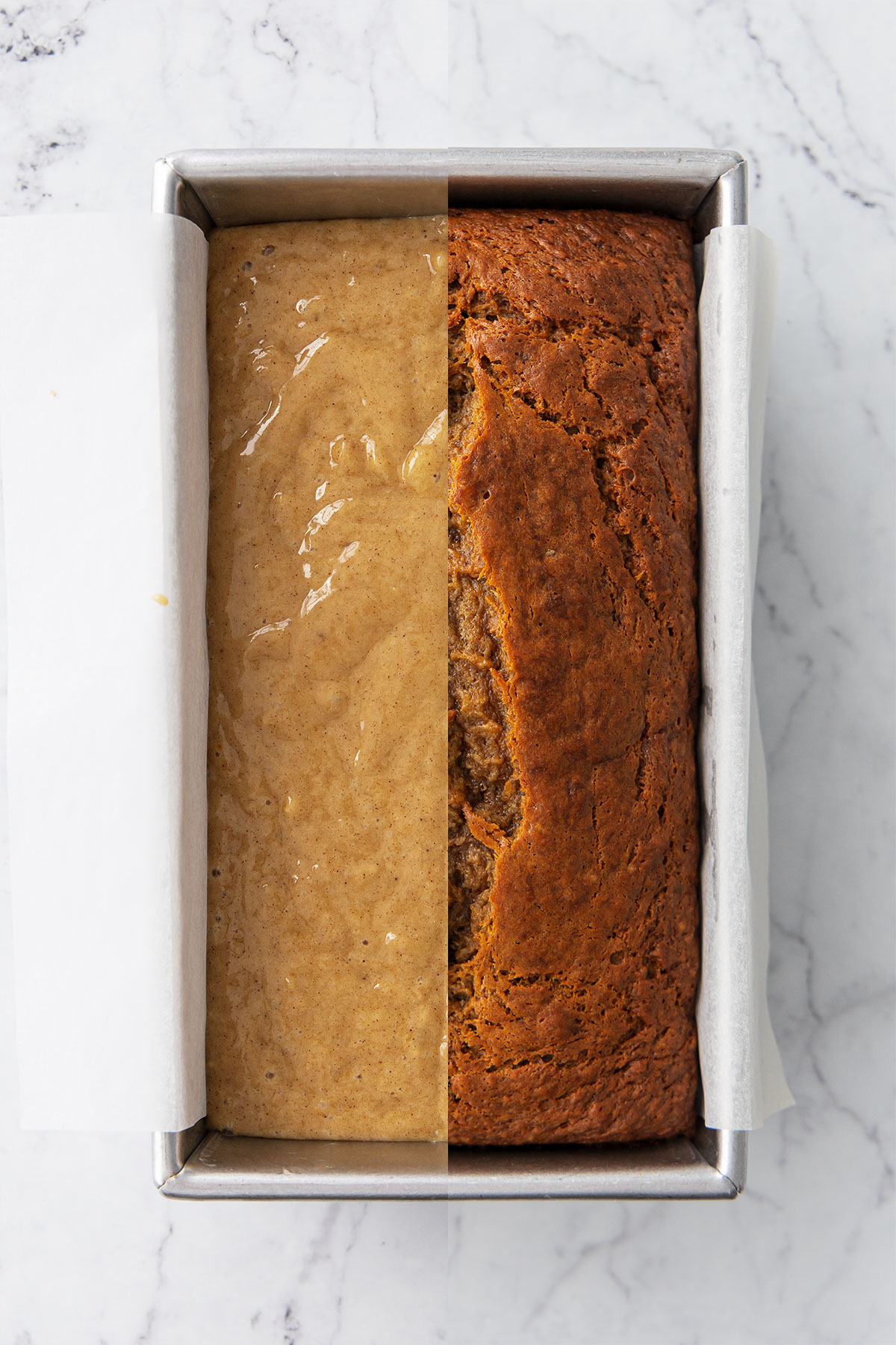 Split screen, Brown Butter Banana Bread before and after baking.